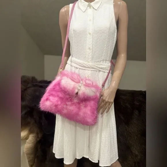 2 Tone Real Lamb Fur Handmade Top Handle, Fold Over Flap Handbag, Crossbody bag - Picture 8 of 16